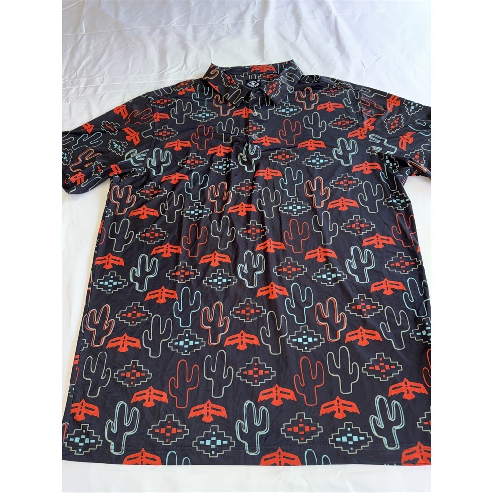 Raised By Coyotes Polo Shirt Mens XL Black Red Southwestern Cactus Aztec